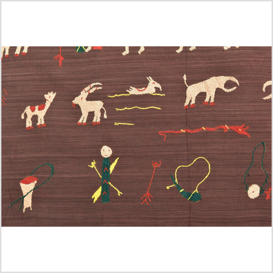 Chocolate brown cotton story quilt Naga tribal textile ethnic embroidered boho fabric Burma hill tribe tapestry Thailand India Hmong MP50