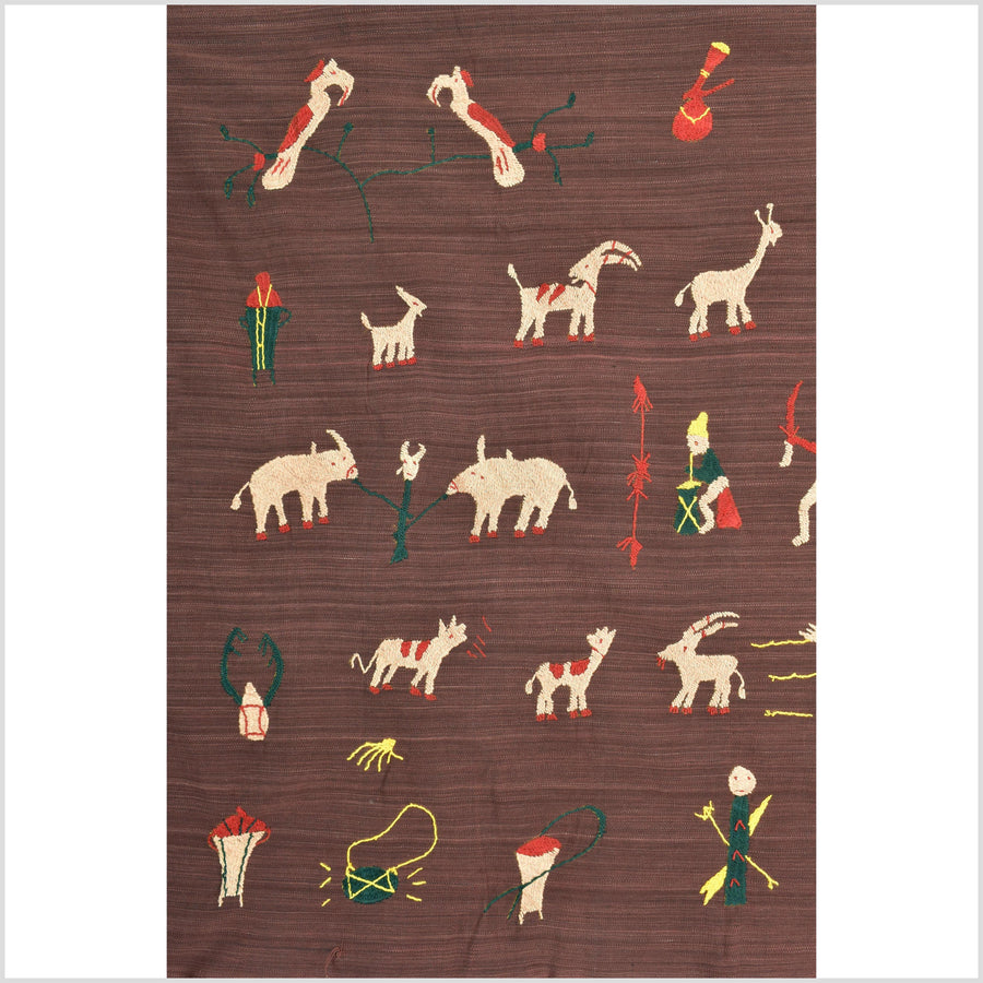 Chocolate brown cotton story quilt Naga tribal textile ethnic embroidered boho fabric Burma hill tribe tapestry Thailand India Hmong MP50