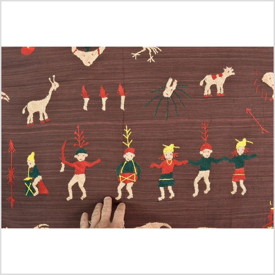 Chocolate brown cotton story quilt Naga tribal textile ethnic embroidered boho fabric Burma hill tribe tapestry Thailand India Hmong MP50