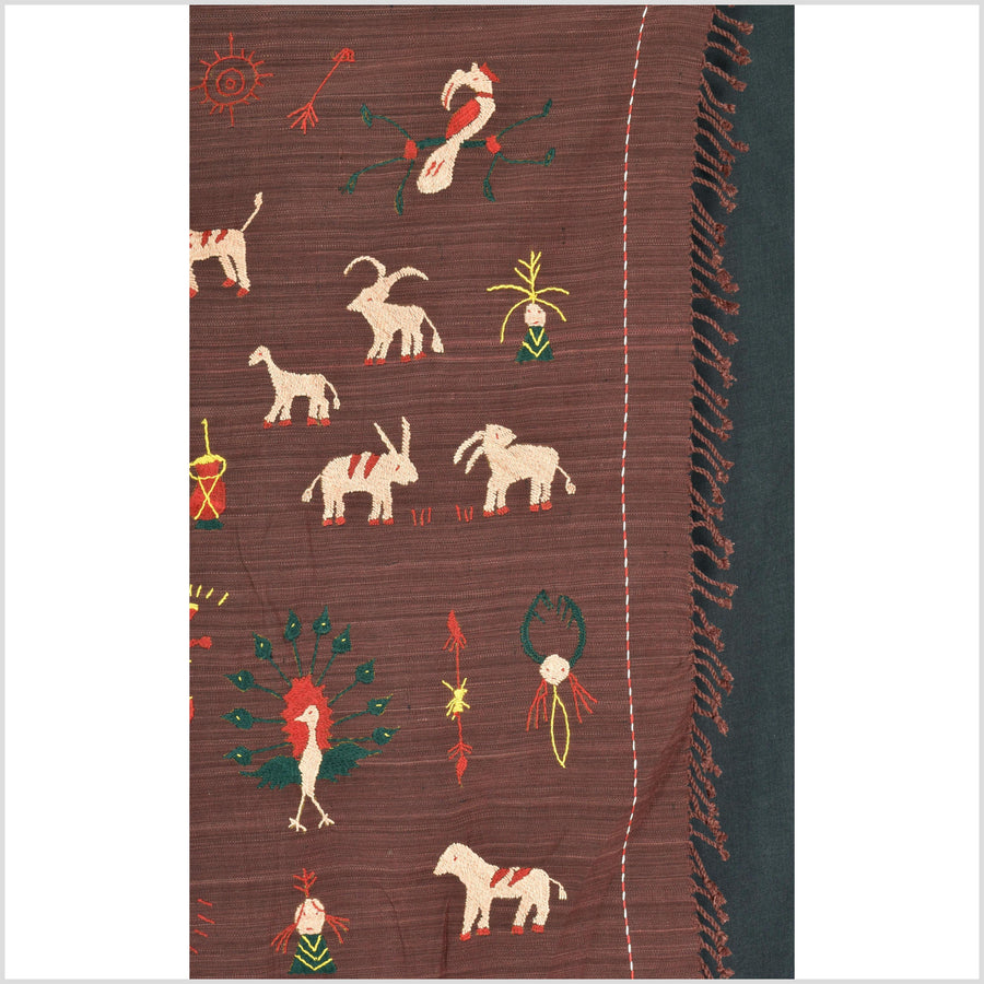 Chocolate brown cotton story quilt Naga tribal textile ethnic embroidered boho fabric Burma hill tribe tapestry Thailand India Hmong MP50