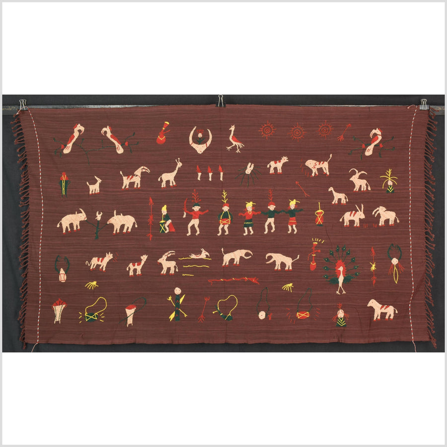 Chocolate brown cotton story quilt Naga tribal textile ethnic embroidered boho fabric Burma hill tribe tapestry Thailand India Hmong MP50
