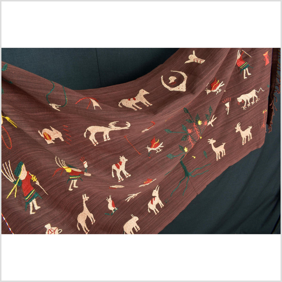 Chocolate brown cotton story quilt Naga tribal textile ethnic embroidered boho fabric Burma hill tribe tapestry Thailand India Hmong MP51