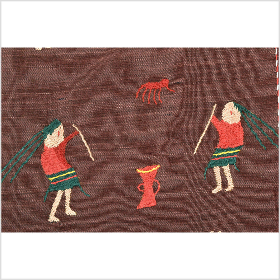 Chocolate brown cotton story quilt Naga tribal textile ethnic embroidered boho fabric Burma hill tribe tapestry Thailand India Hmong MP51