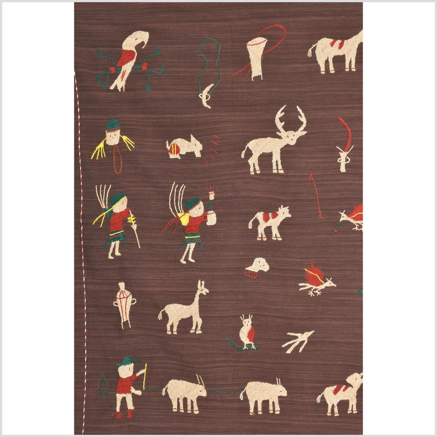 Chocolate brown cotton story quilt Naga tribal textile ethnic embroidered boho fabric Burma hill tribe tapestry Thailand India Hmong MP51