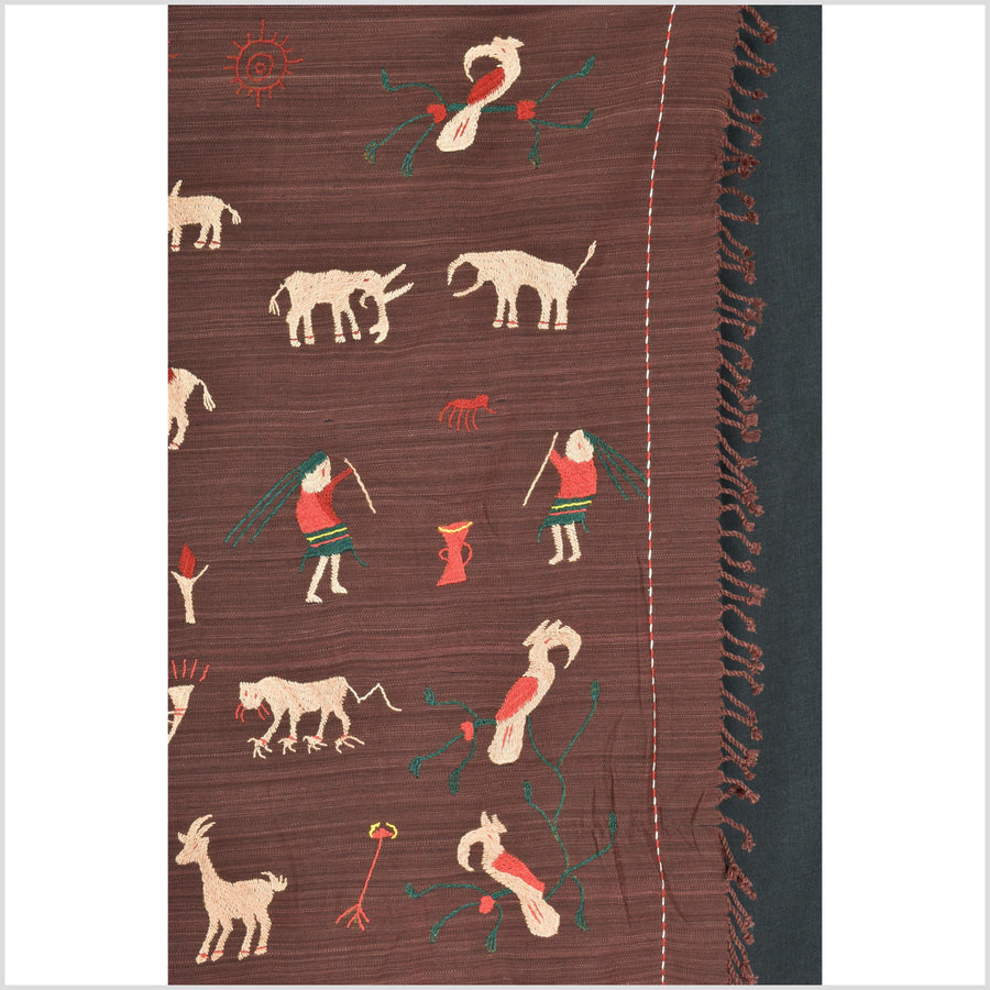 Chocolate brown cotton story quilt Naga tribal textile ethnic embroidered boho fabric Burma hill tribe tapestry Thailand India Hmong MP51
