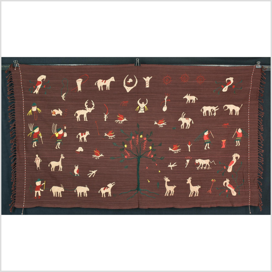 Chocolate brown cotton story quilt Naga tribal textile ethnic embroidered boho fabric Burma hill tribe tapestry Thailand India Hmong MP51