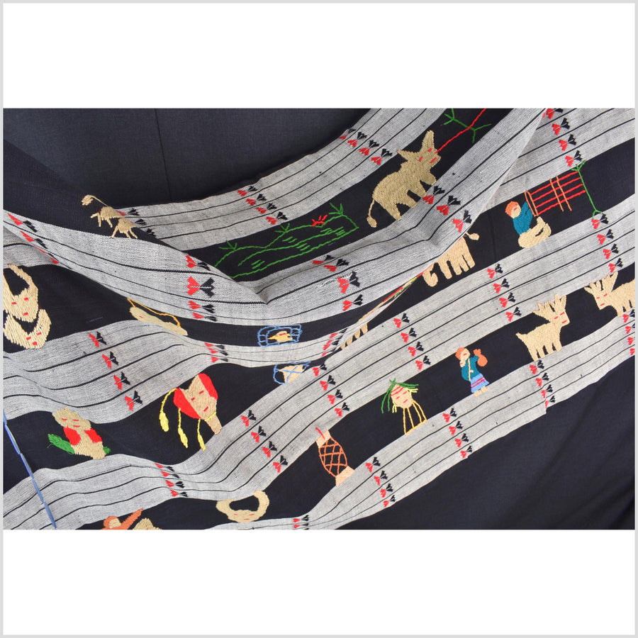 Unusual gray black grid style cotton story quilt Naga tribal textile ethnic embroidered boho fabric Burma hill tribe tapestry Thailand India Hmong MP52