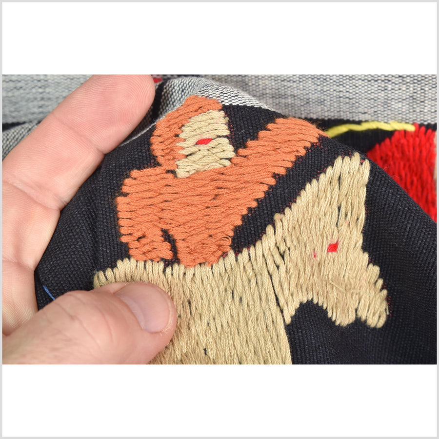 Unusual gray black grid style cotton story quilt Naga tribal textile ethnic embroidered boho fabric Burma hill tribe tapestry Thailand India Hmong MP52