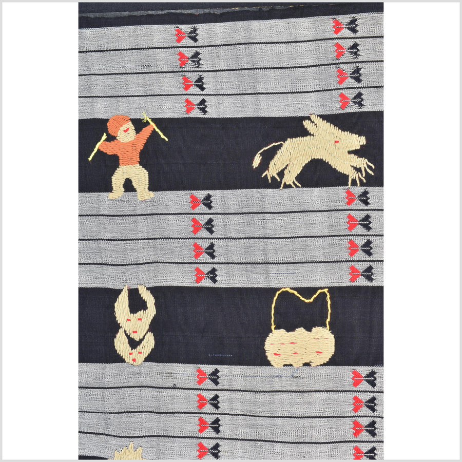 Unusual gray black grid style cotton story quilt Naga tribal textile ethnic embroidered boho fabric Burma hill tribe tapestry Thailand India Hmong MP52