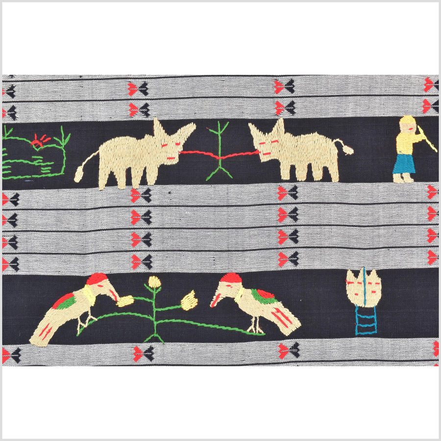 Unusual gray black grid style cotton story quilt Naga tribal textile ethnic embroidered boho fabric Burma hill tribe tapestry Thailand India Hmong MP52