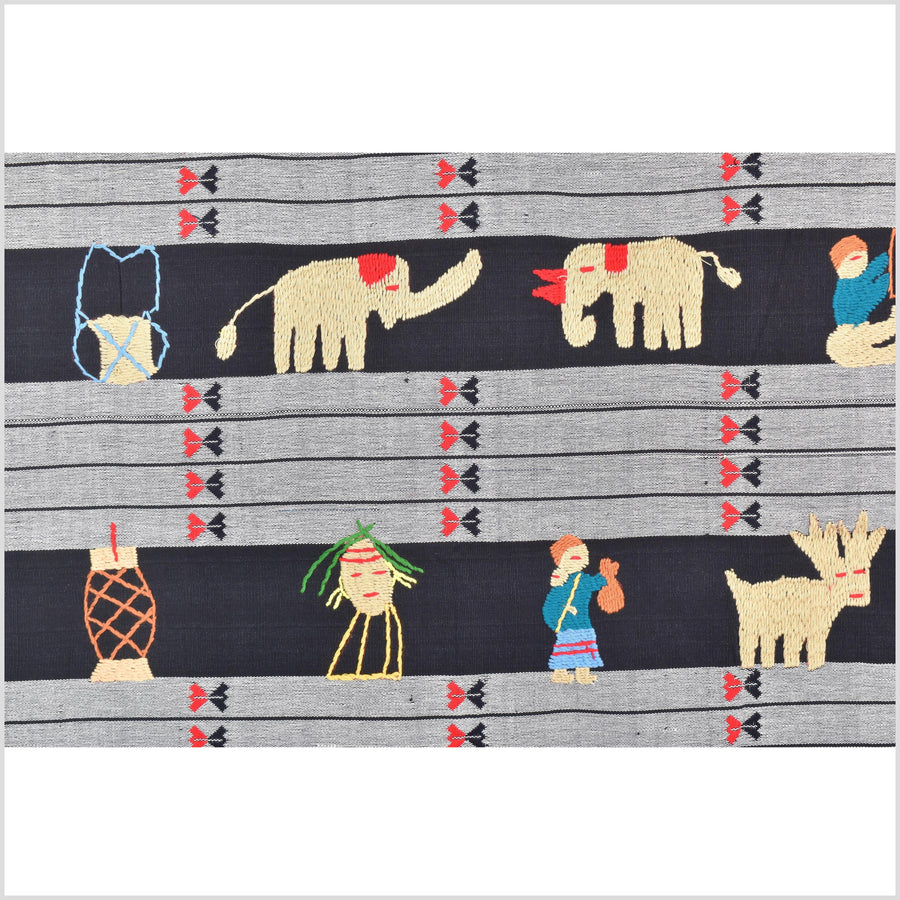 Unusual gray black grid style cotton story quilt Naga tribal textile ethnic embroidered boho fabric Burma hill tribe tapestry Thailand India Hmong MP52