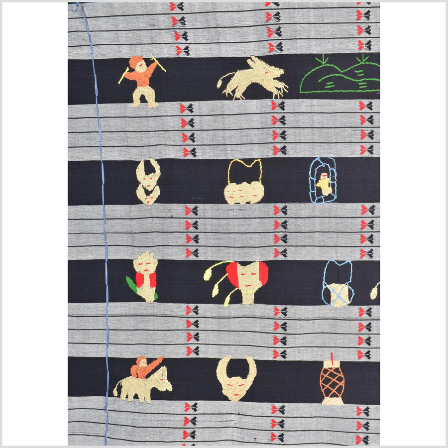 Unusual gray black grid style cotton story quilt Naga tribal textile ethnic embroidered boho fabric Burma hill tribe tapestry Thailand India Hmong MP52
