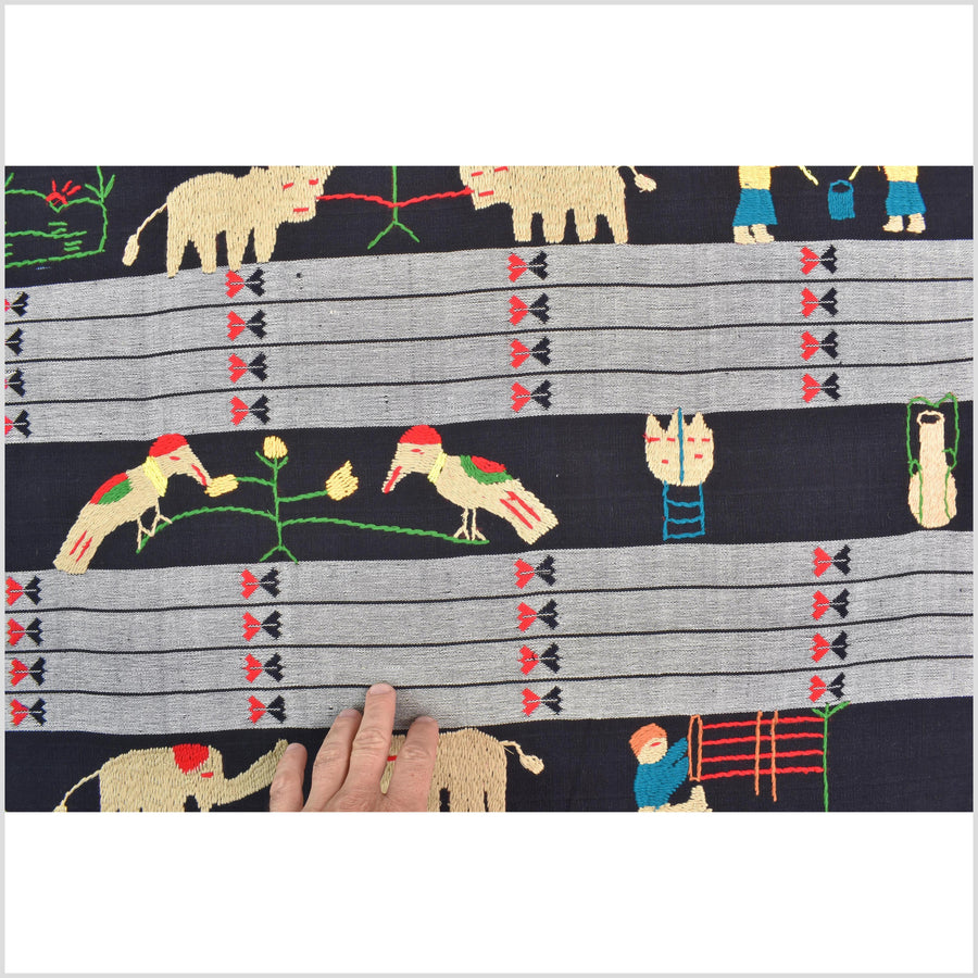 Unusual gray black grid style cotton story quilt Naga tribal textile ethnic embroidered boho fabric Burma hill tribe tapestry Thailand India Hmong MP52