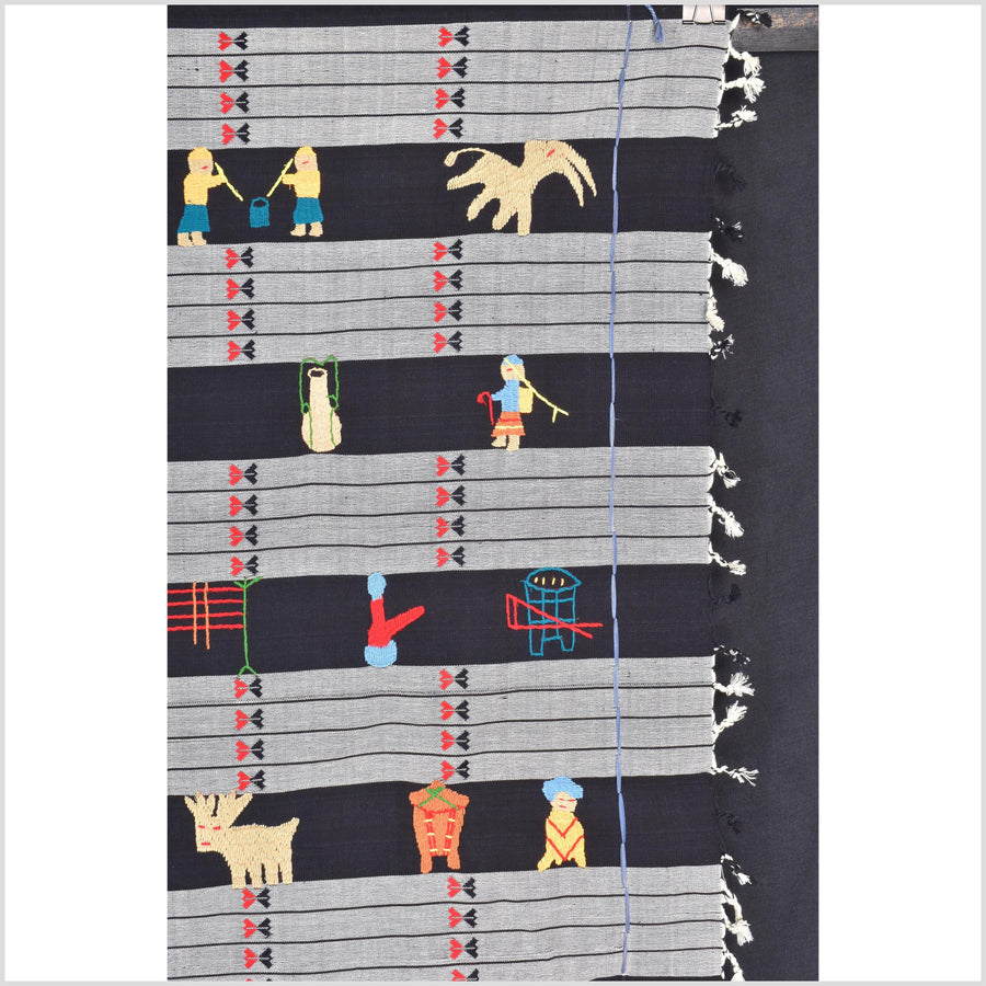 Unusual gray black grid style cotton story quilt Naga tribal textile ethnic embroidered boho fabric Burma hill tribe tapestry Thailand India Hmong MP52