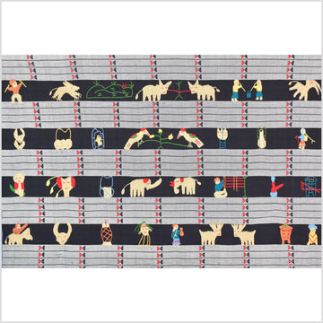 Unusual gray black grid style cotton story quilt Naga tribal textile ethnic embroidered boho fabric Burma hill tribe tapestry Thailand India Hmong MP52