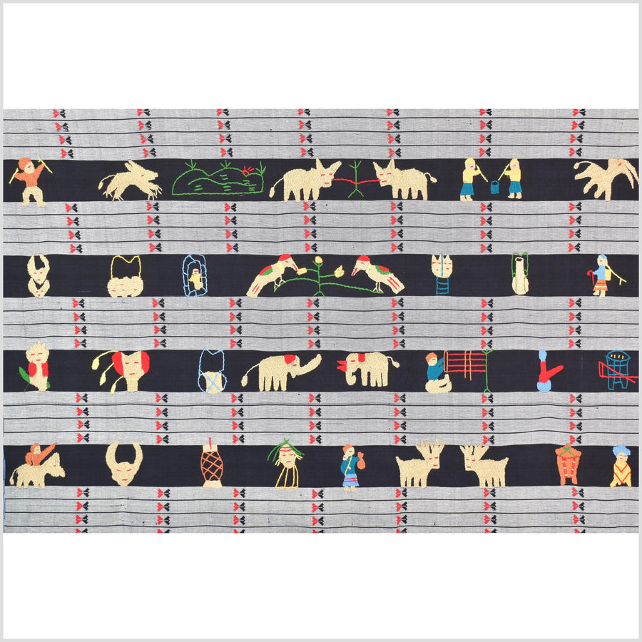 Unusual gray black grid style cotton story quilt Naga tribal textile ethnic embroidered boho fabric Burma hill tribe tapestry Thailand India Hmong MP52