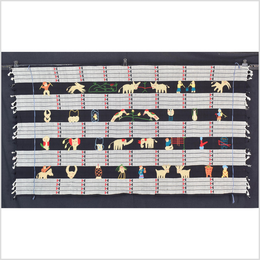 Unusual gray black grid style cotton story quilt Naga tribal textile ethnic embroidered boho fabric Burma hill tribe tapestry Thailand India Hmong MP52