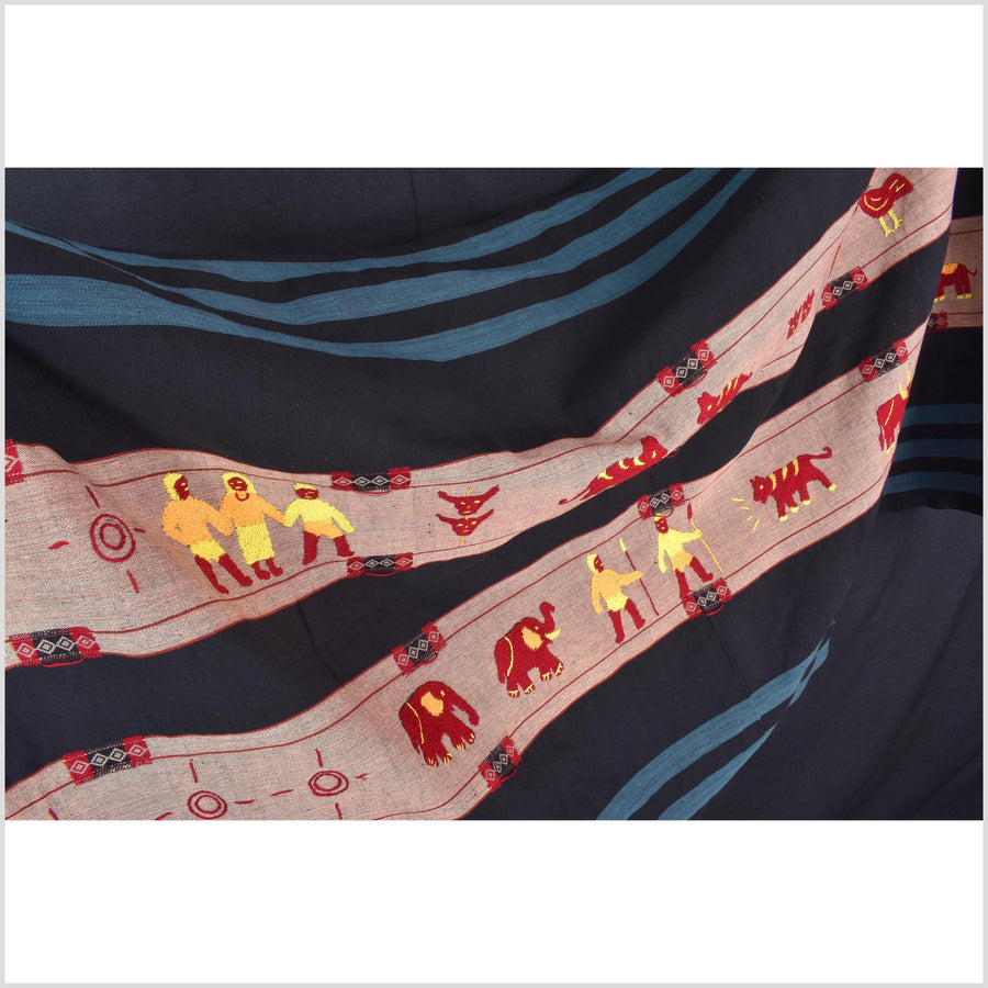 Black & blue peach cotton story quilt Naga tribal textile ethnic embroidered boho fabric Burma hill tribe tapestry Thai India Hmong MP53