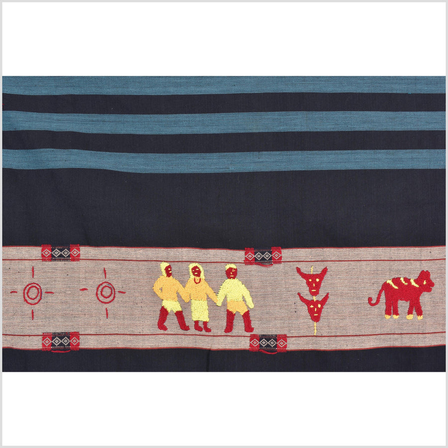 Black & blue peach cotton story quilt Naga tribal textile ethnic embroidered boho fabric Burma hill tribe tapestry Thai India Hmong MP53