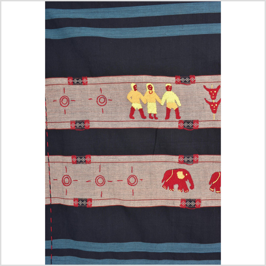 Black & blue peach cotton story quilt Naga tribal textile ethnic embroidered boho fabric Burma hill tribe tapestry Thai India Hmong MP53