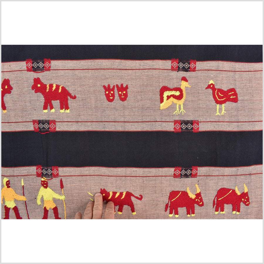 Black & blue peach cotton story quilt Naga tribal textile ethnic embroidered boho fabric Burma hill tribe tapestry Thai India Hmong MP53