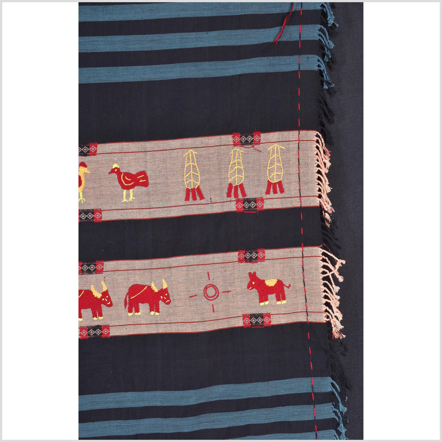 Black & blue peach cotton story quilt Naga tribal textile ethnic embroidered boho fabric Burma hill tribe tapestry Thai India Hmong MP53