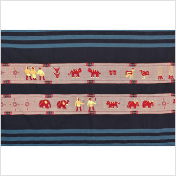 Black & blue peach cotton story quilt Naga tribal textile ethnic embroidered boho fabric Burma hill tribe tapestry Thai India Hmong MP53