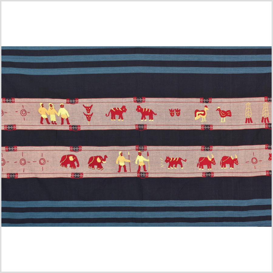 Black & blue peach cotton story quilt Naga tribal textile ethnic embroidered boho fabric Burma hill tribe tapestry Thai India Hmong MP53