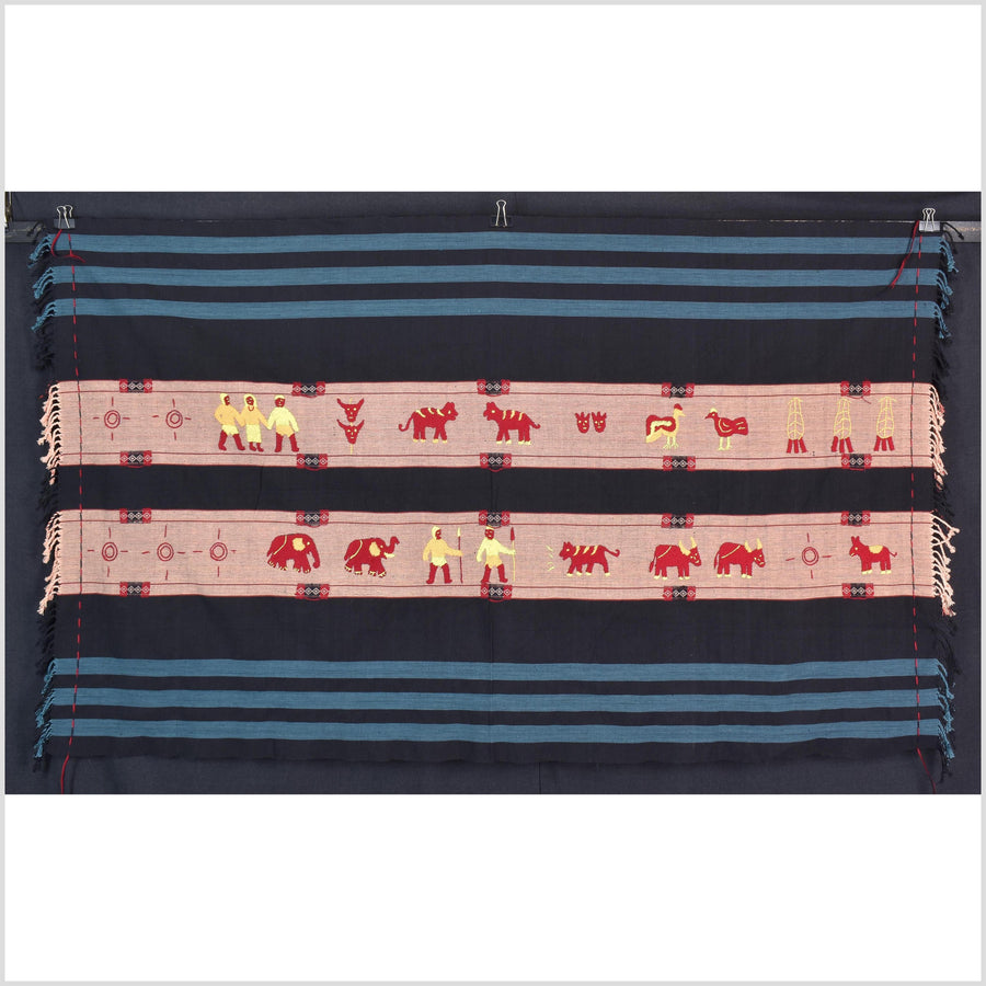Black & blue peach cotton story quilt Naga tribal textile ethnic embroidered boho fabric Burma hill tribe tapestry Thai India Hmong MP53