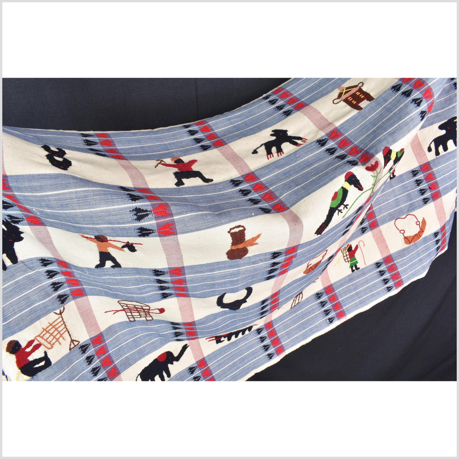 Unusual cream blue grid style cotton story quilt Naga tribal textile ethnic embroidered boho fabric Burma hill tribe tapestry Thailand India Hmong MP54