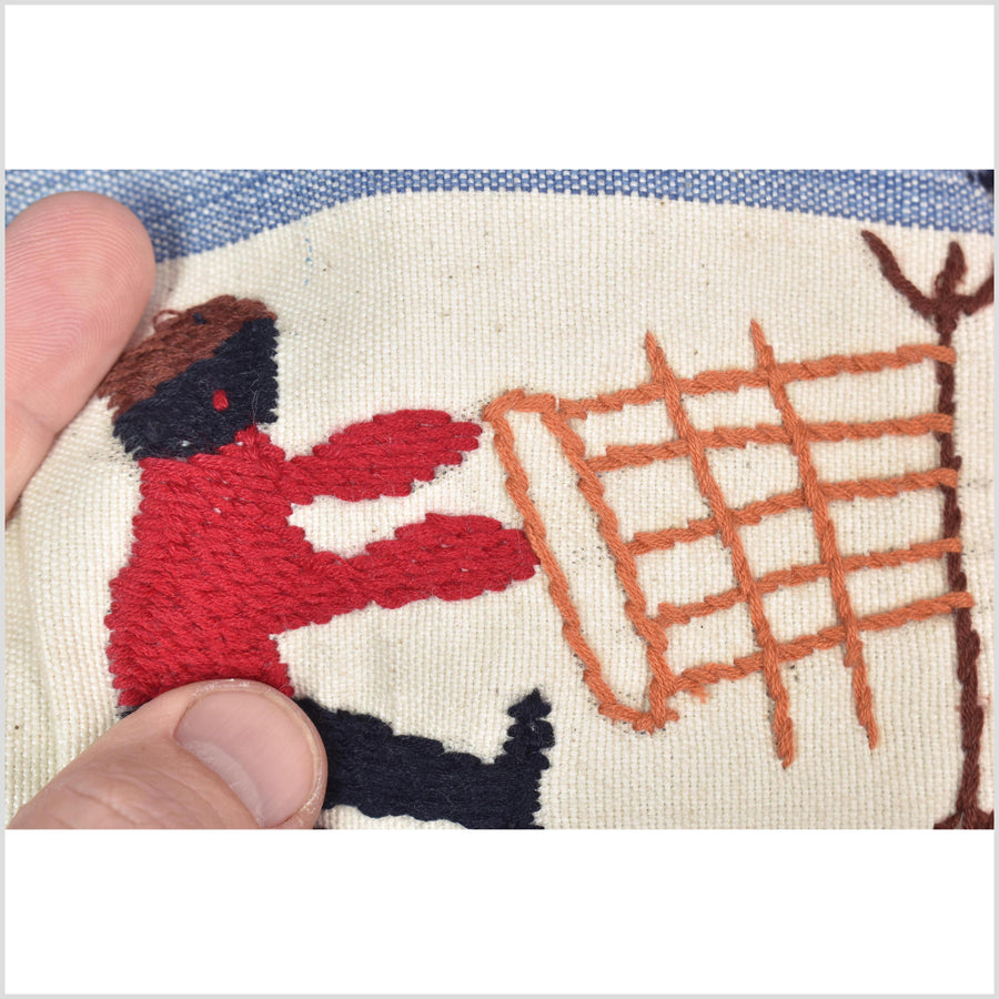 Unusual cream blue grid style cotton story quilt Naga tribal textile ethnic embroidered boho fabric Burma hill tribe tapestry Thailand India Hmong MP54