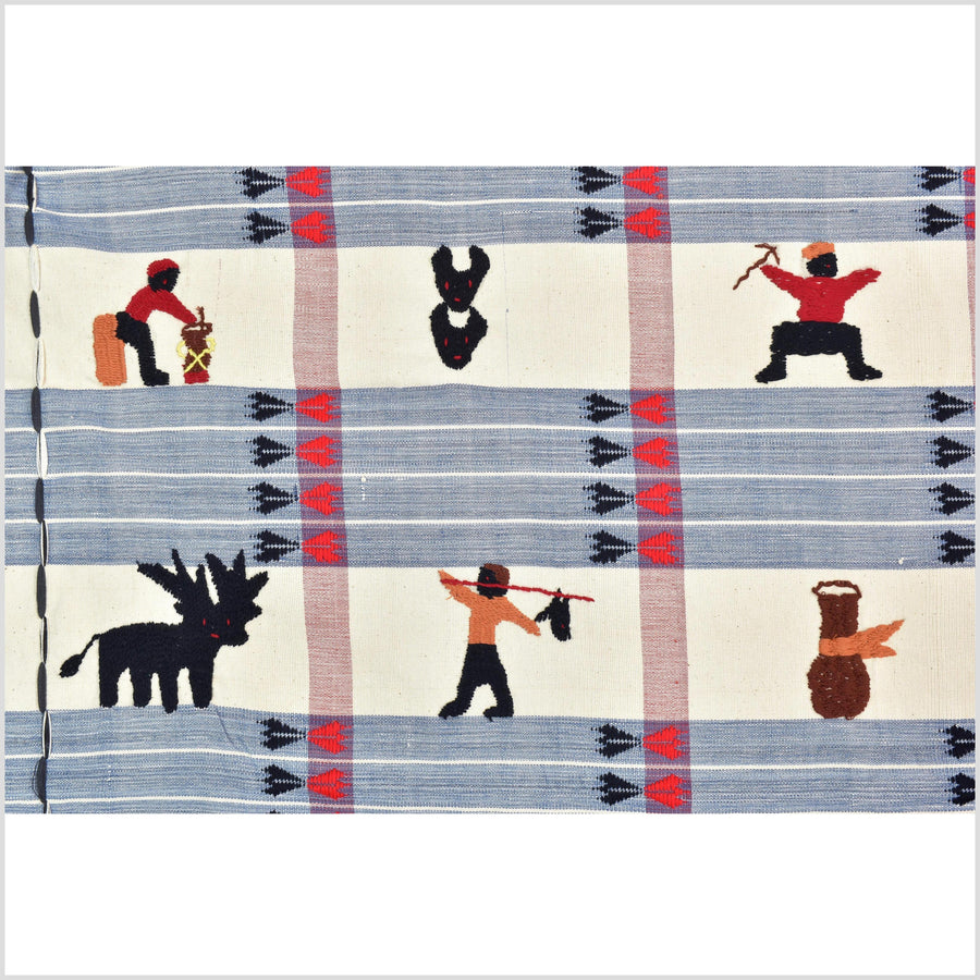 Unusual cream blue grid style cotton story quilt Naga tribal textile ethnic embroidered boho fabric Burma hill tribe tapestry Thailand India Hmong MP54