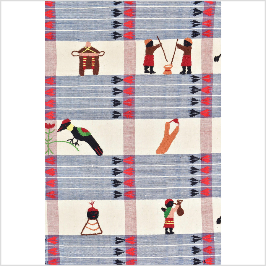 Unusual cream blue grid style cotton story quilt Naga tribal textile ethnic embroidered boho fabric Burma hill tribe tapestry Thailand India Hmong MP54