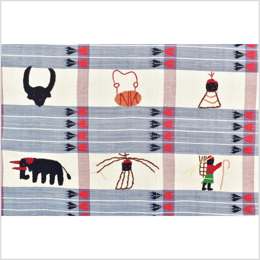 Unusual cream blue grid style cotton story quilt Naga tribal textile ethnic embroidered boho fabric Burma hill tribe tapestry Thailand India Hmong MP54