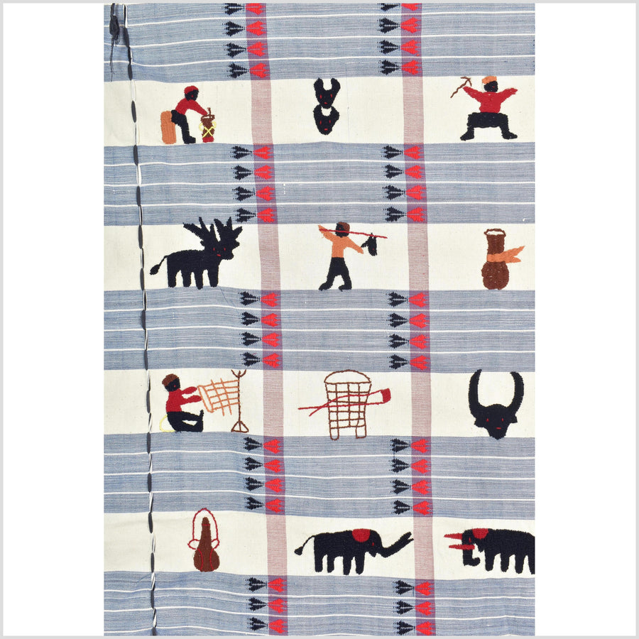 Unusual cream blue grid style cotton story quilt Naga tribal textile ethnic embroidered boho fabric Burma hill tribe tapestry Thailand India Hmong MP54