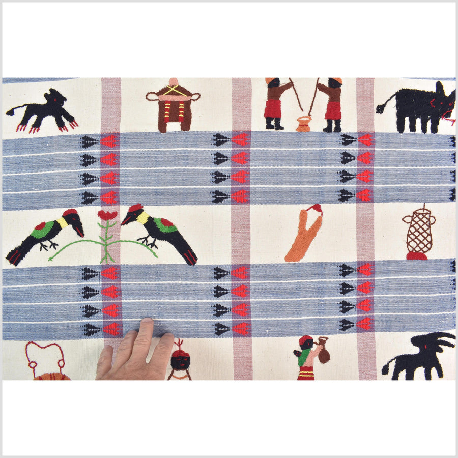 Unusual cream blue grid style cotton story quilt Naga tribal textile ethnic embroidered boho fabric Burma hill tribe tapestry Thailand India Hmong MP54