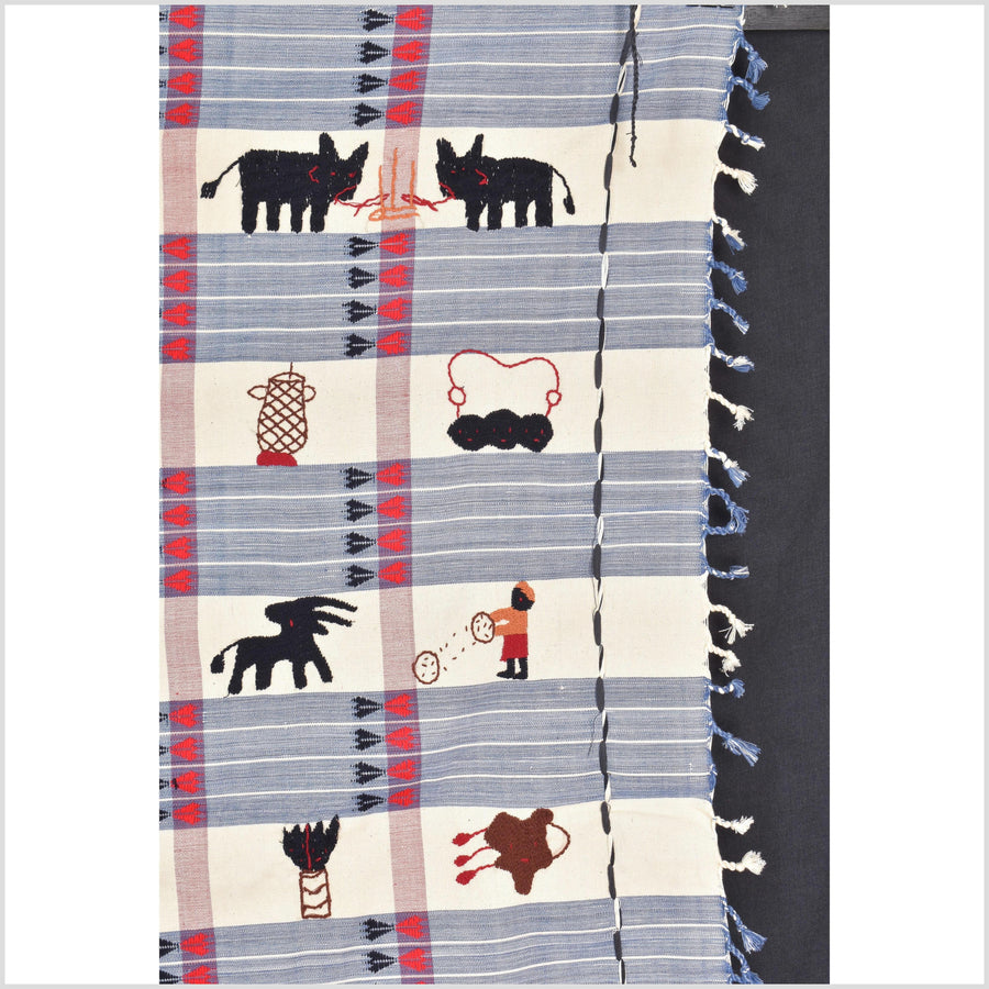 Unusual cream blue grid style cotton story quilt Naga tribal textile ethnic embroidered boho fabric Burma hill tribe tapestry Thailand India Hmong MP54