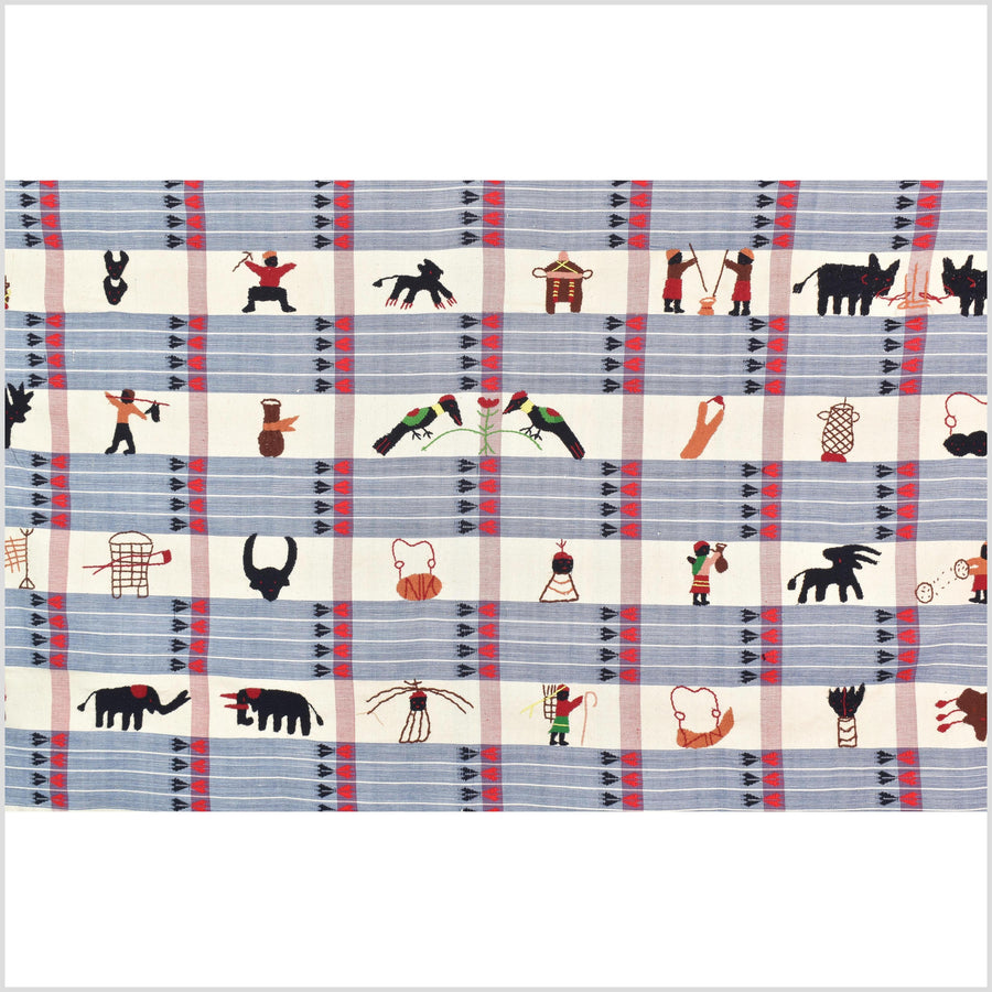 Unusual cream blue grid style cotton story quilt Naga tribal textile ethnic embroidered boho fabric Burma hill tribe tapestry Thailand India Hmong MP54