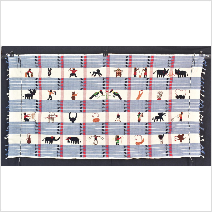 Unusual cream blue grid style cotton story quilt Naga tribal textile ethnic embroidered boho fabric Burma hill tribe tapestry Thailand India Hmong MP54