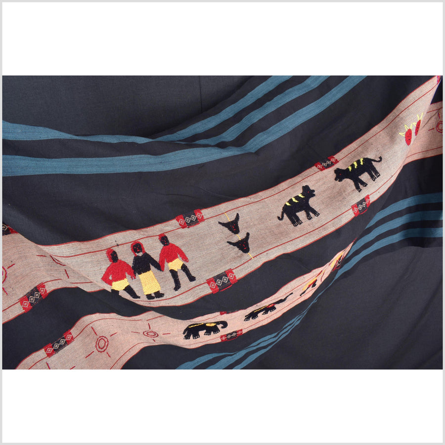 Black & blue peach cotton story quilt Naga tribal textile ethnic embroidered boho fabric Burma hill tribe tapestry Thai India Hmong MP56