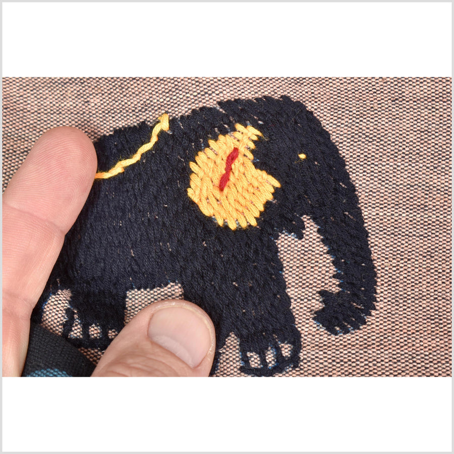 Black & blue peach cotton story quilt Naga tribal textile ethnic embroidered boho fabric Burma hill tribe tapestry Thai India Hmong MP56