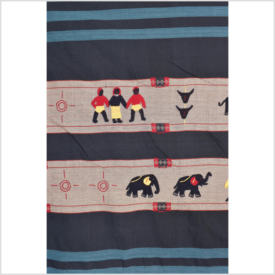 Black & blue peach cotton story quilt Naga tribal textile ethnic embroidered boho fabric Burma hill tribe tapestry Thai India Hmong MP56