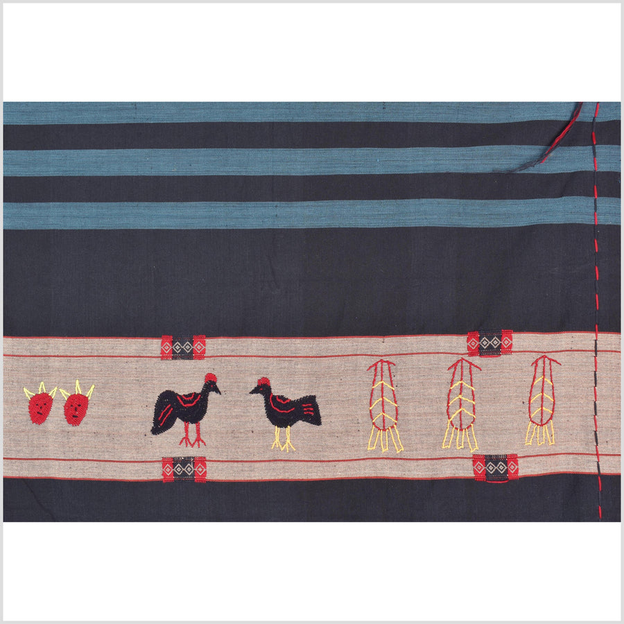 Black & blue peach cotton story quilt Naga tribal textile ethnic embroidered boho fabric Burma hill tribe tapestry Thai India Hmong MP56