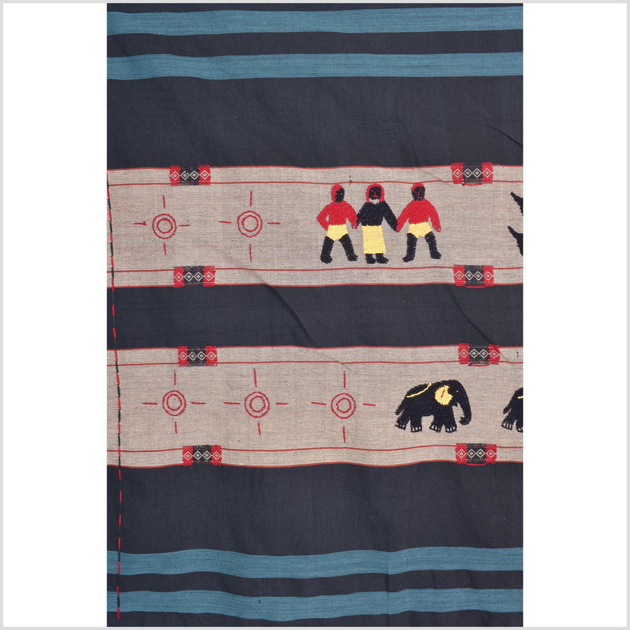 Black & blue peach cotton story quilt Naga tribal textile ethnic embroidered boho fabric Burma hill tribe tapestry Thai India Hmong MP56