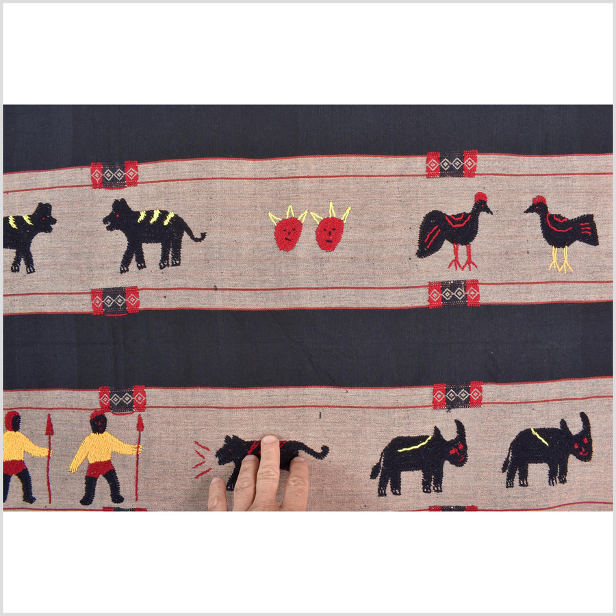 Black & blue peach cotton story quilt Naga tribal textile ethnic embroidered boho fabric Burma hill tribe tapestry Thai India Hmong MP56