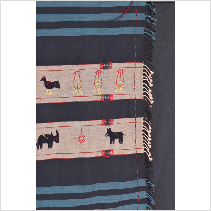 Black & blue peach cotton story quilt Naga tribal textile ethnic embroidered boho fabric Burma hill tribe tapestry Thai India Hmong MP56