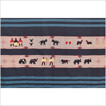 Black & blue peach cotton story quilt Naga tribal textile ethnic embroidered boho fabric Burma hill tribe tapestry Thai India Hmong MP56