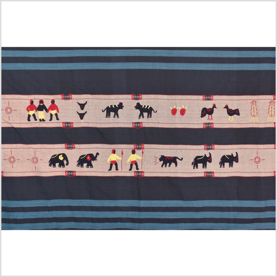 Black & blue peach cotton story quilt Naga tribal textile ethnic embroidered boho fabric Burma hill tribe tapestry Thai India Hmong MP56