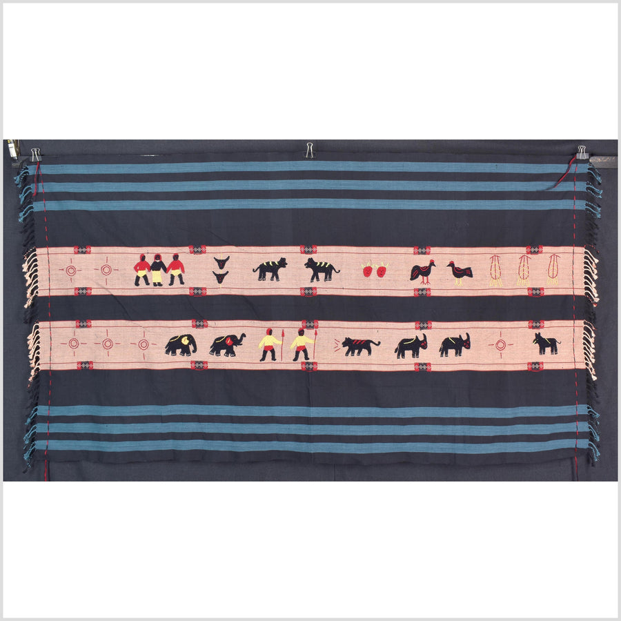 Black & blue peach cotton story quilt Naga tribal textile ethnic embroidered boho fabric Burma hill tribe tapestry Thai India Hmong MP56
