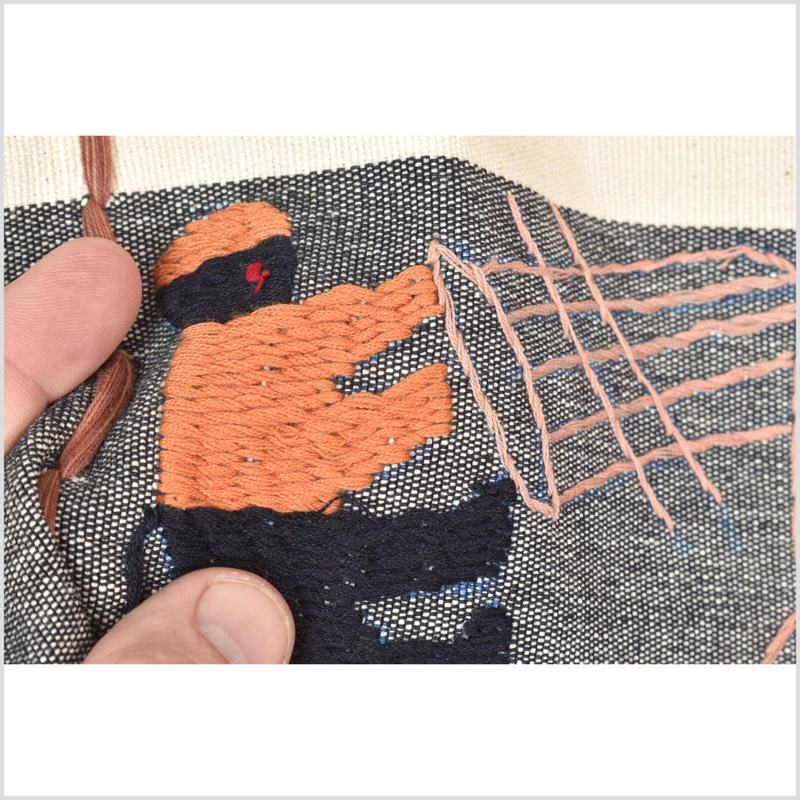 Unusual cream gray grid style cotton story quilt Naga tribal textile ethnic embroidered boho fabric Burma hill tribe tapestry Thailand India Hmong MP58